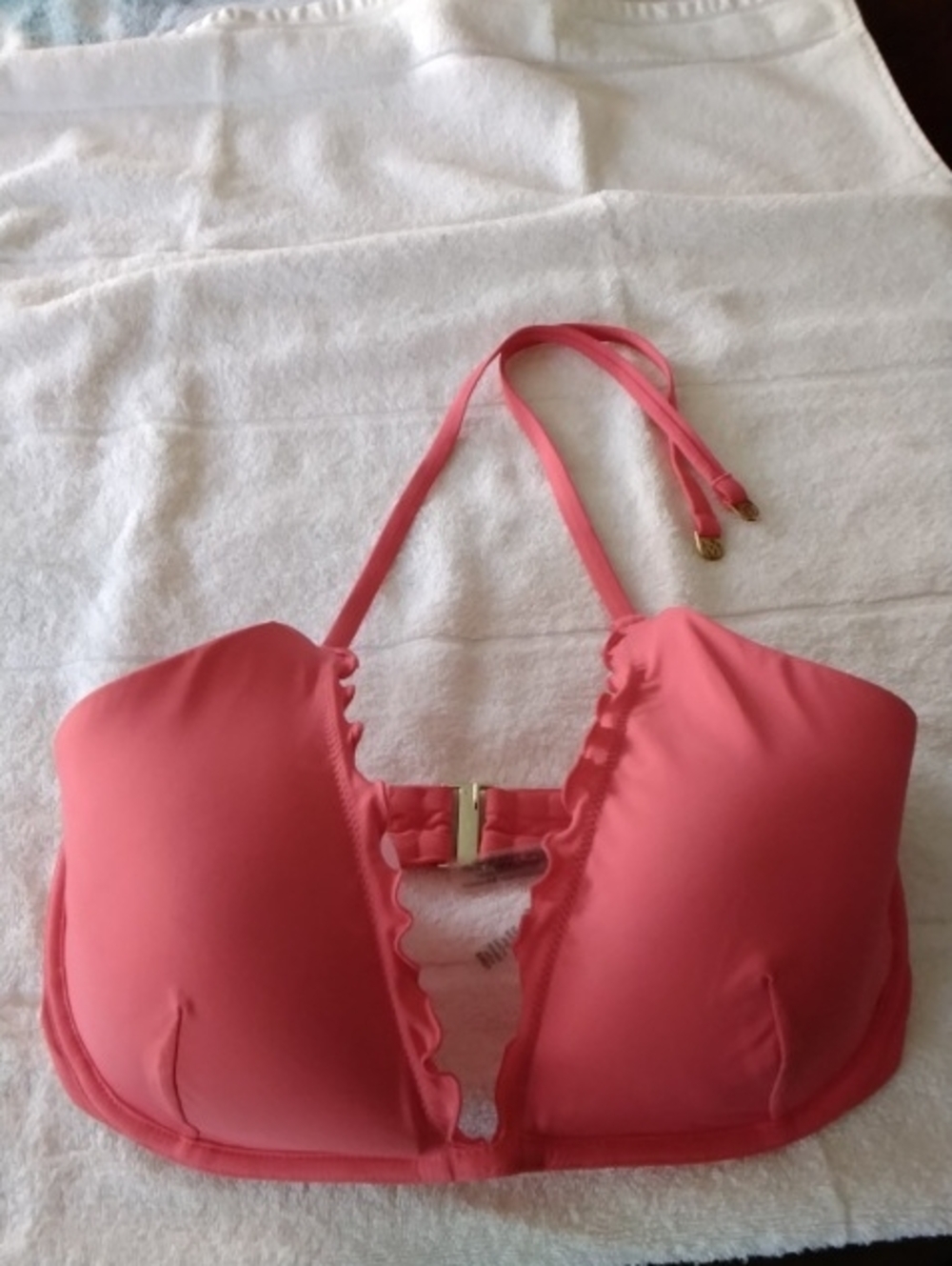 Victoria's Secret Coral Pink Halter Bikini Top with Gold Accent